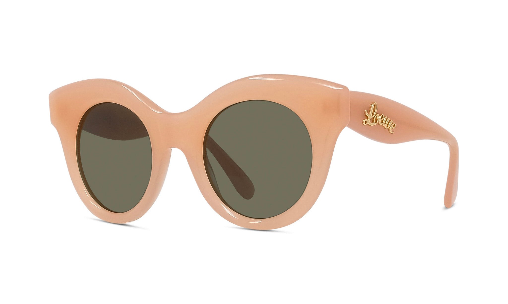 A pair of peach-colored sunglasses with dark green lenses.
