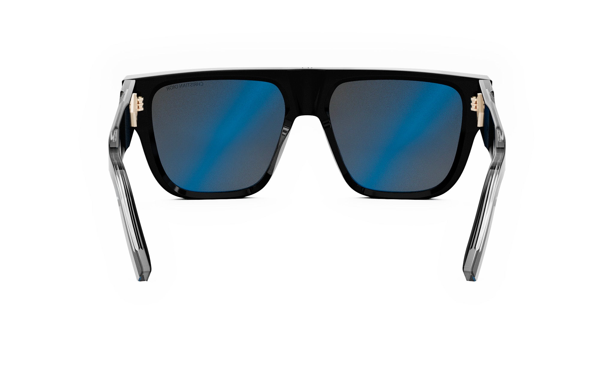 A pair of black sunglasses with blue lenses, featuring a sleek and modern design.