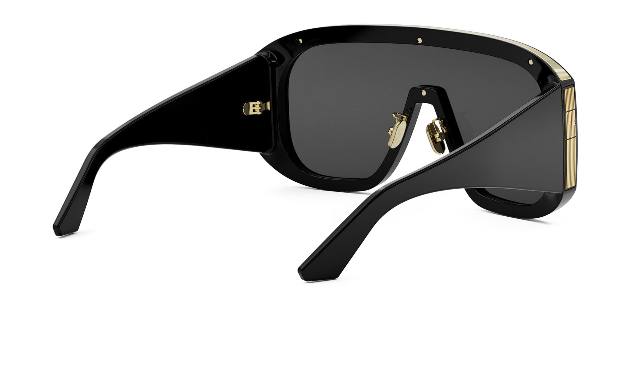 A pair of black sunglasses with gold accents, featuring a sleek and modern design.