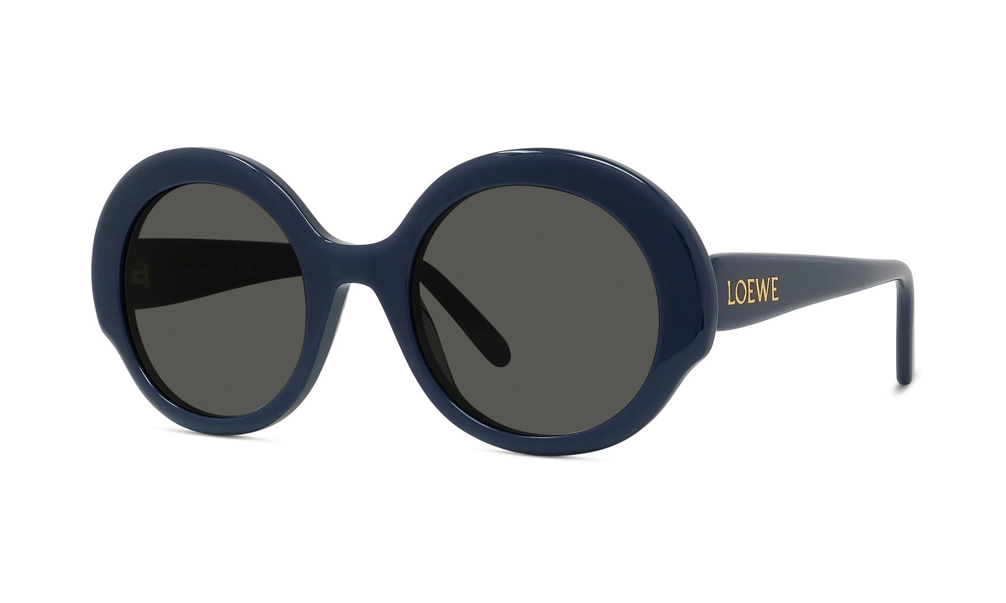 A pair of dark blue round sunglasses with the word "LOEWE" printed on the side.