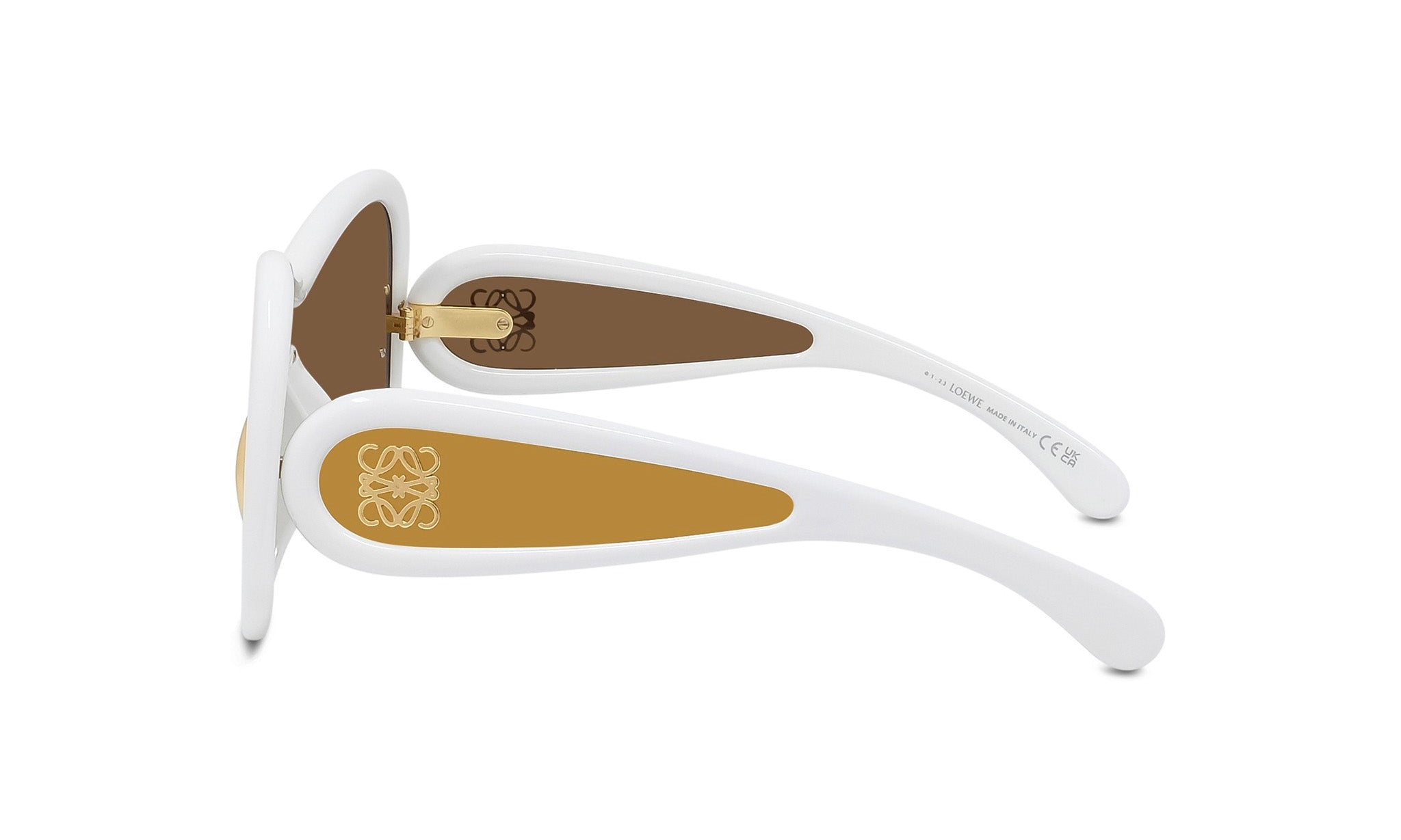A pair of white sunglasses with gold accents, featuring a gold-colored frame and a gold-colored lens.
