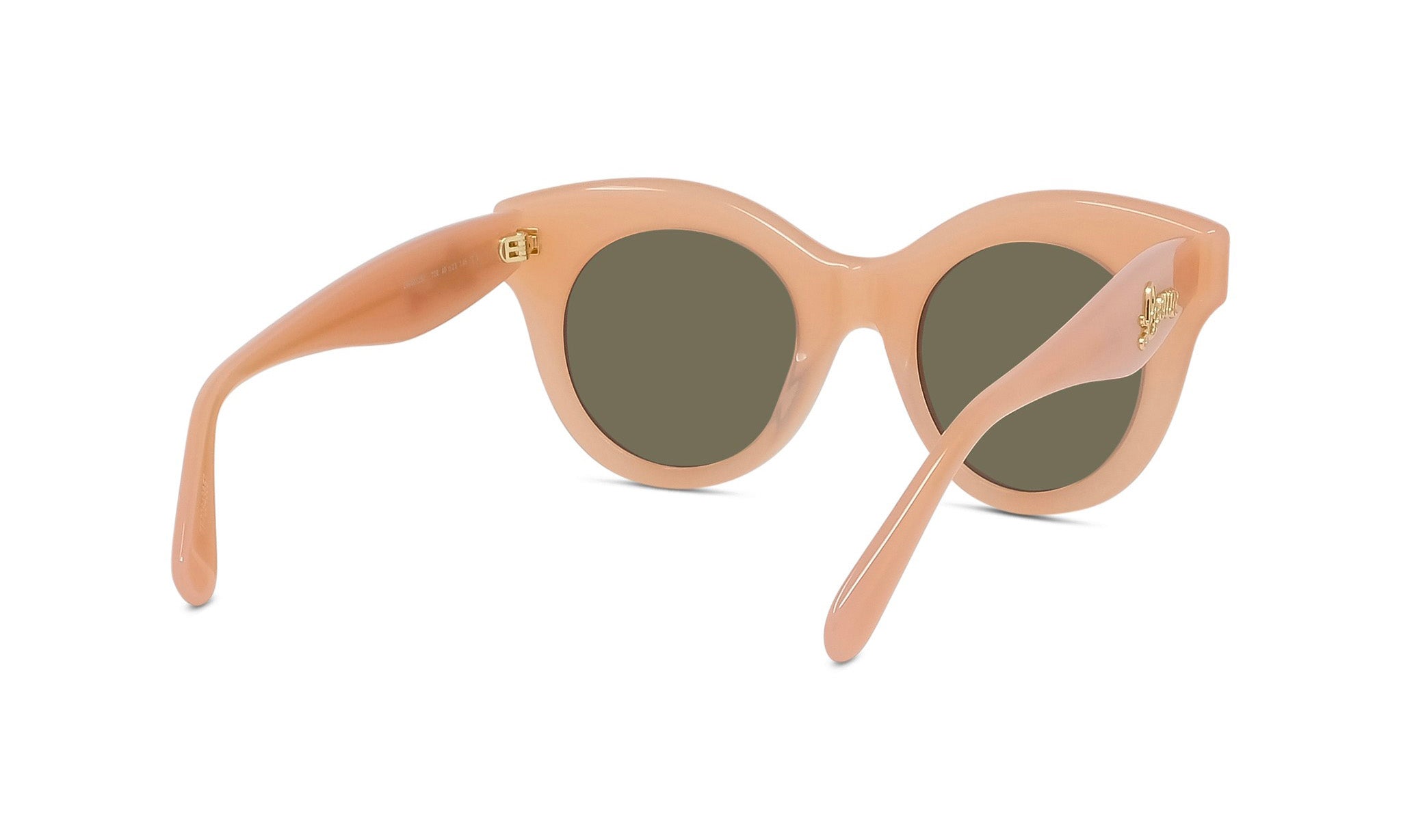 A pair of peach-colored sunglasses with dark lenses.