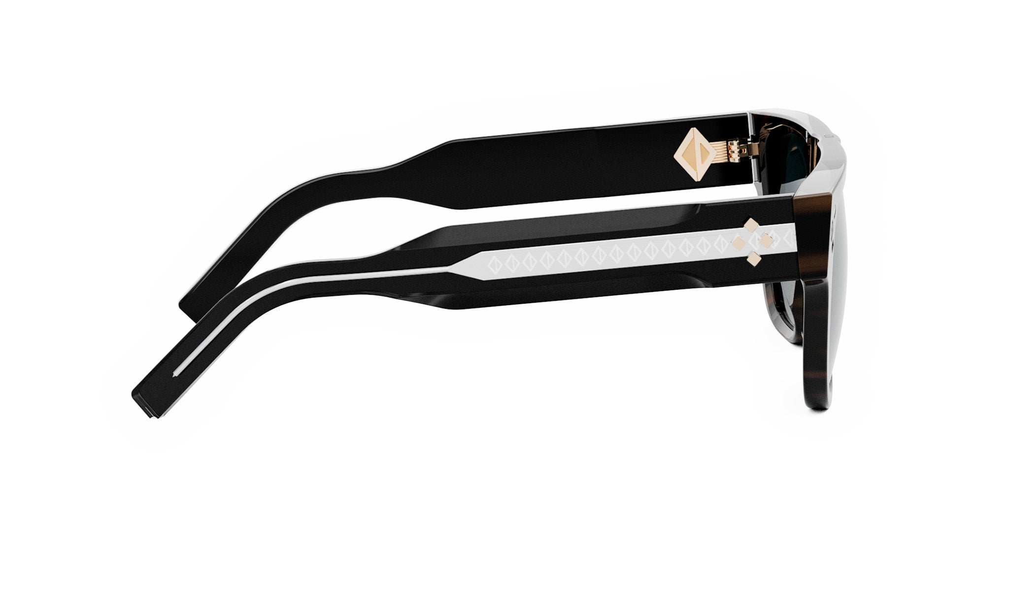 A pair of black and white sunglasses with a gold-colored frame.