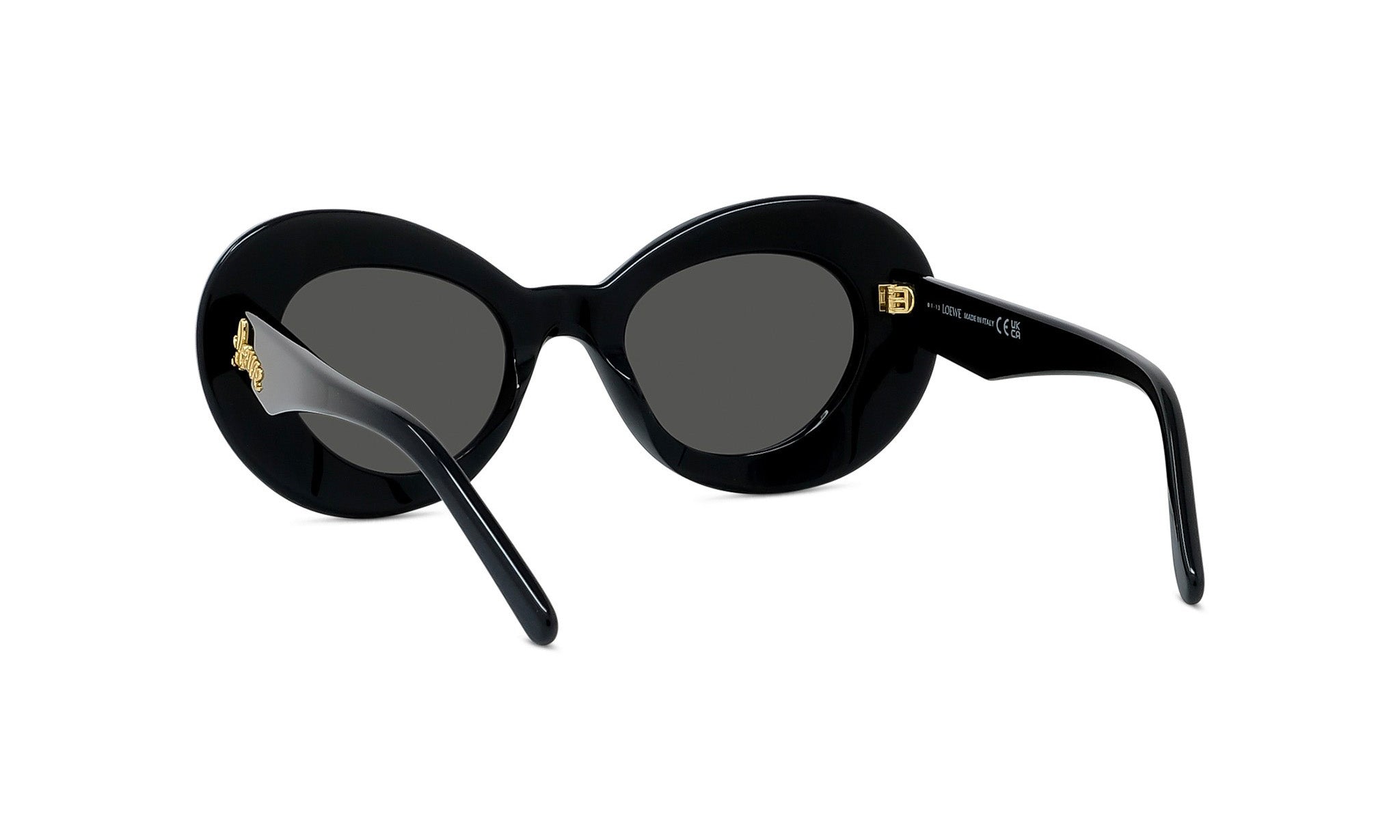 A pair of black, round sunglasses with gold accents.