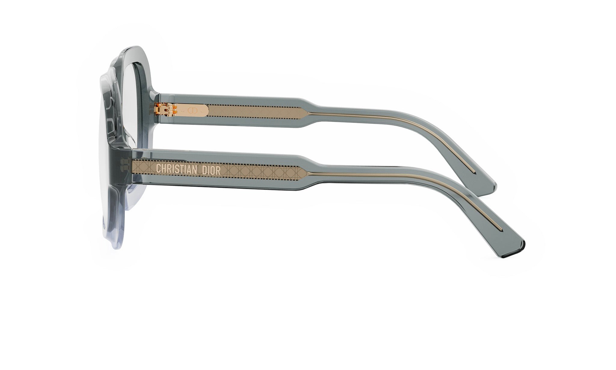 A pair of stylish sunglasses with a gray frame and gold accents.