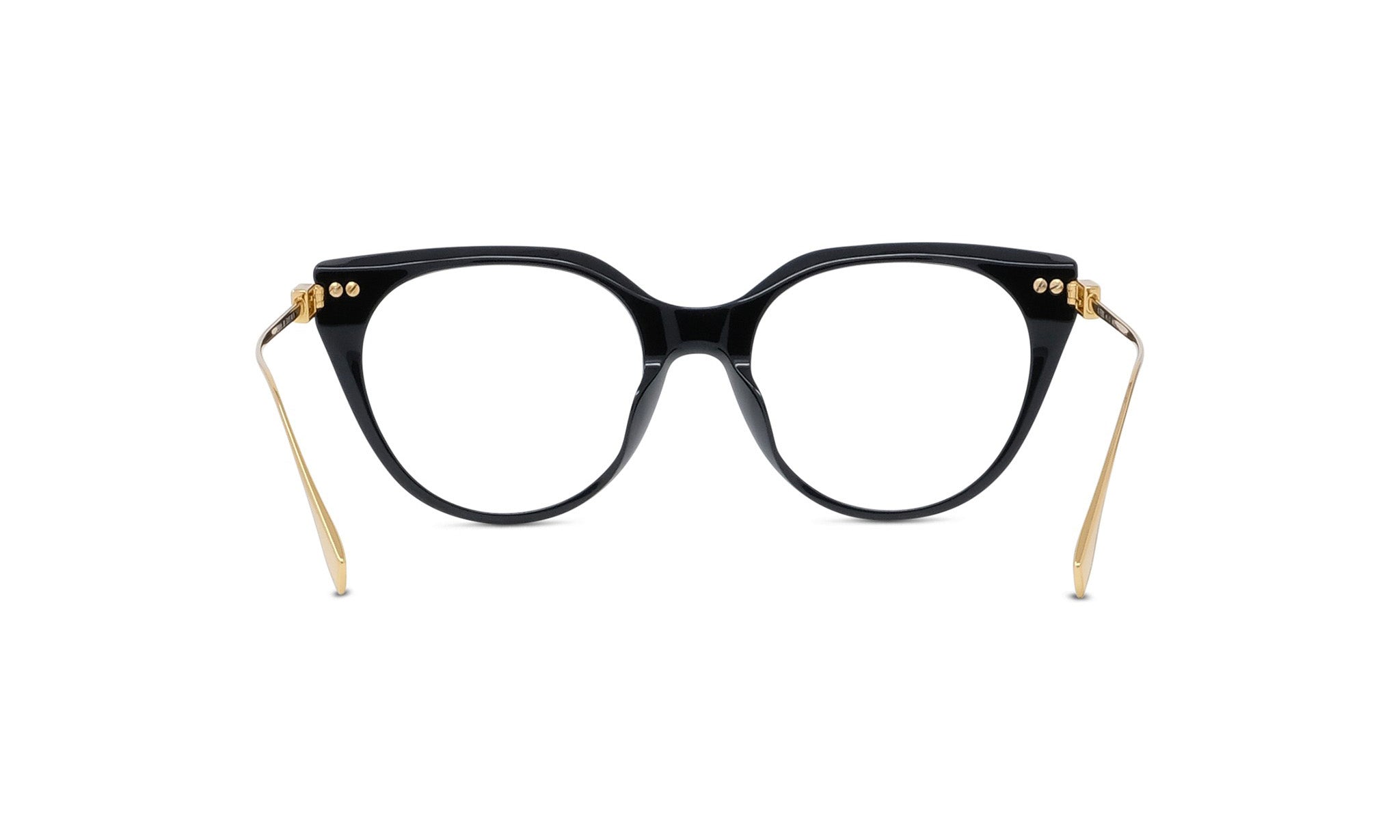 A pair of black cat-eye framed glasses with gold accents.