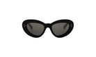 A pair of black sunglasses with dark lenses.