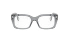 A pair of gray-framed glasses with clear lenses.
