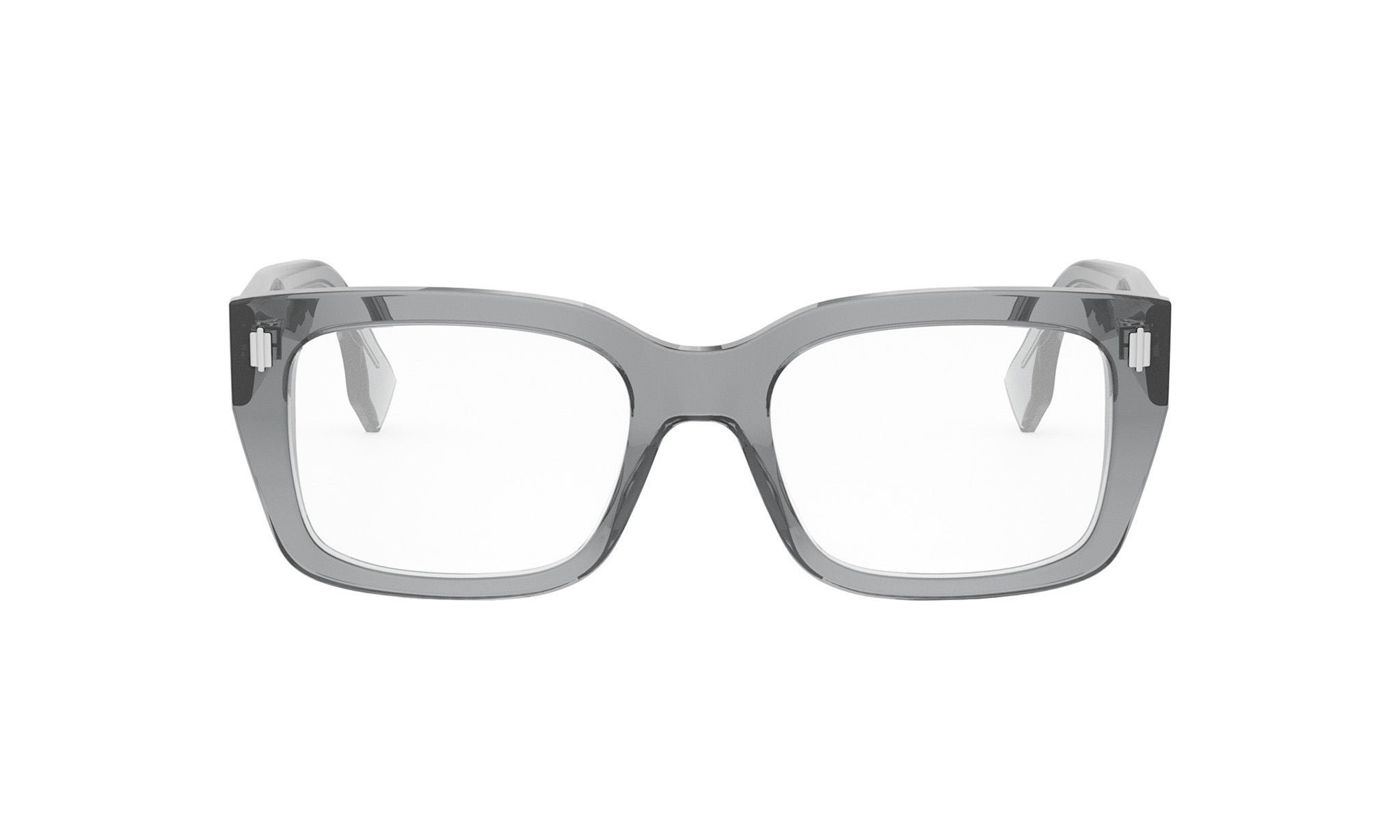 A pair of gray-framed glasses with clear lenses.