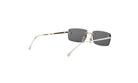A pair of dark-tinted rectangular sunglasses with a silver frame and white accents.