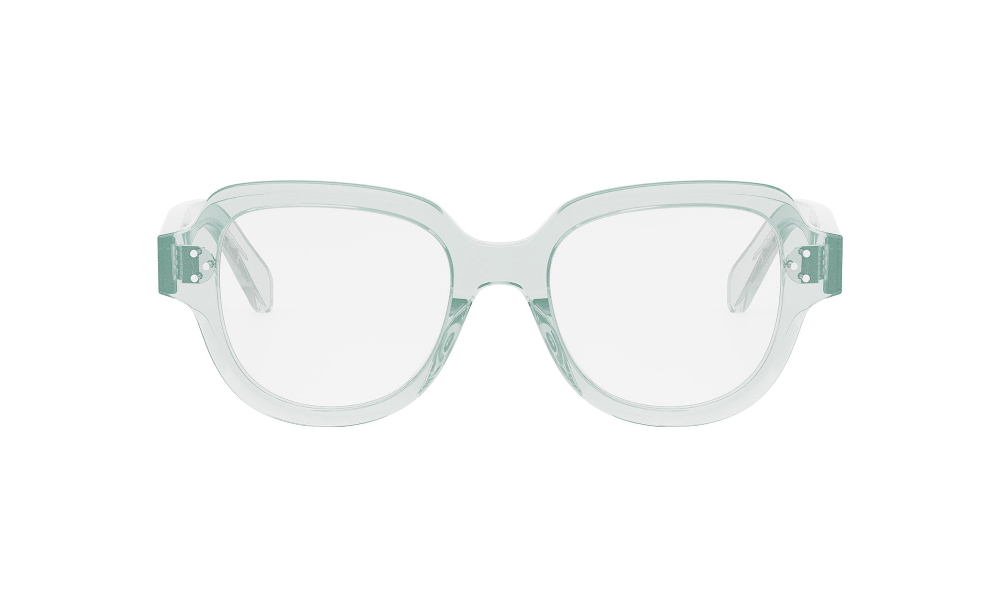 A pair of clear, mint green-colored eyeglasses with a sleek, modern design.