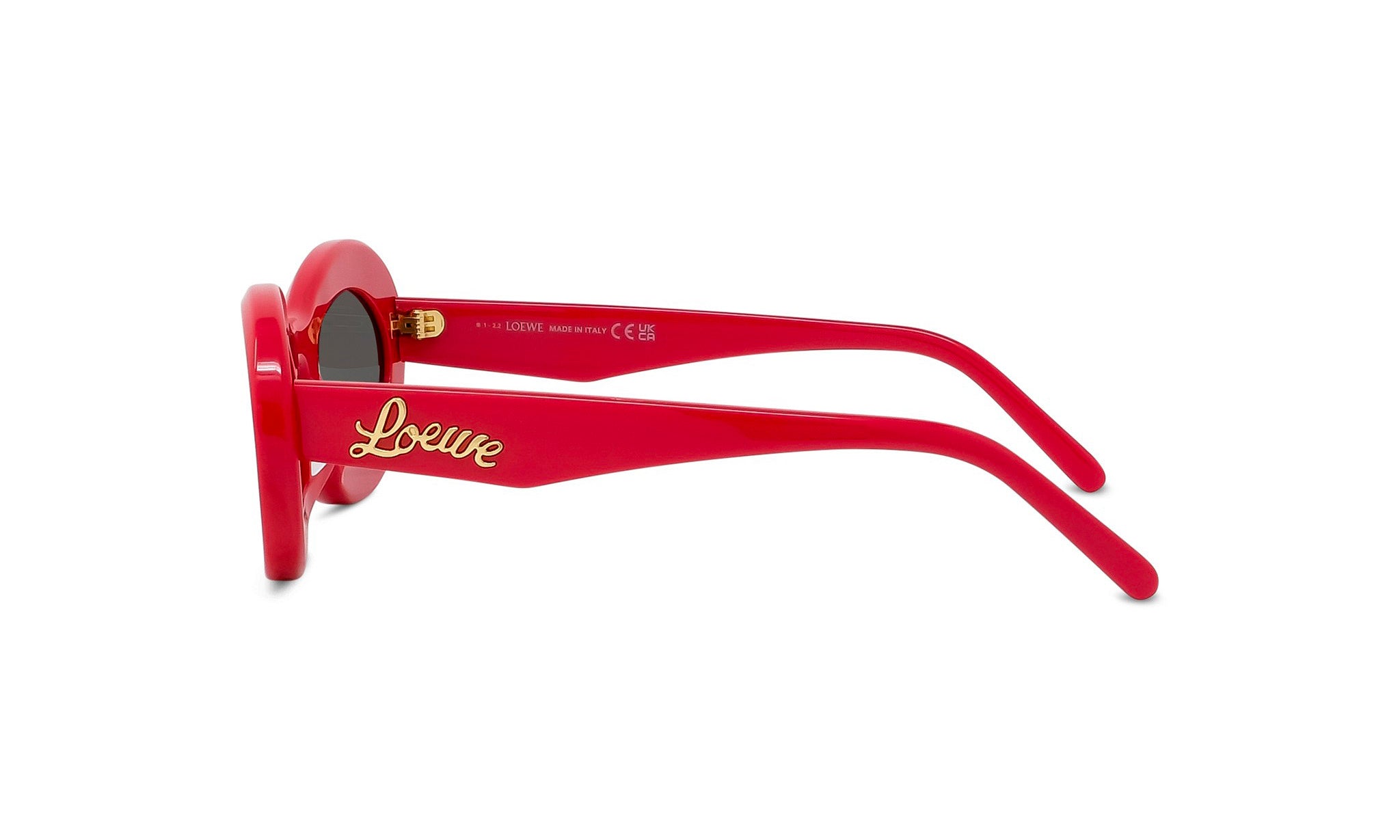 A pair of red sunglasses with the word "Loewe" printed on the frame.