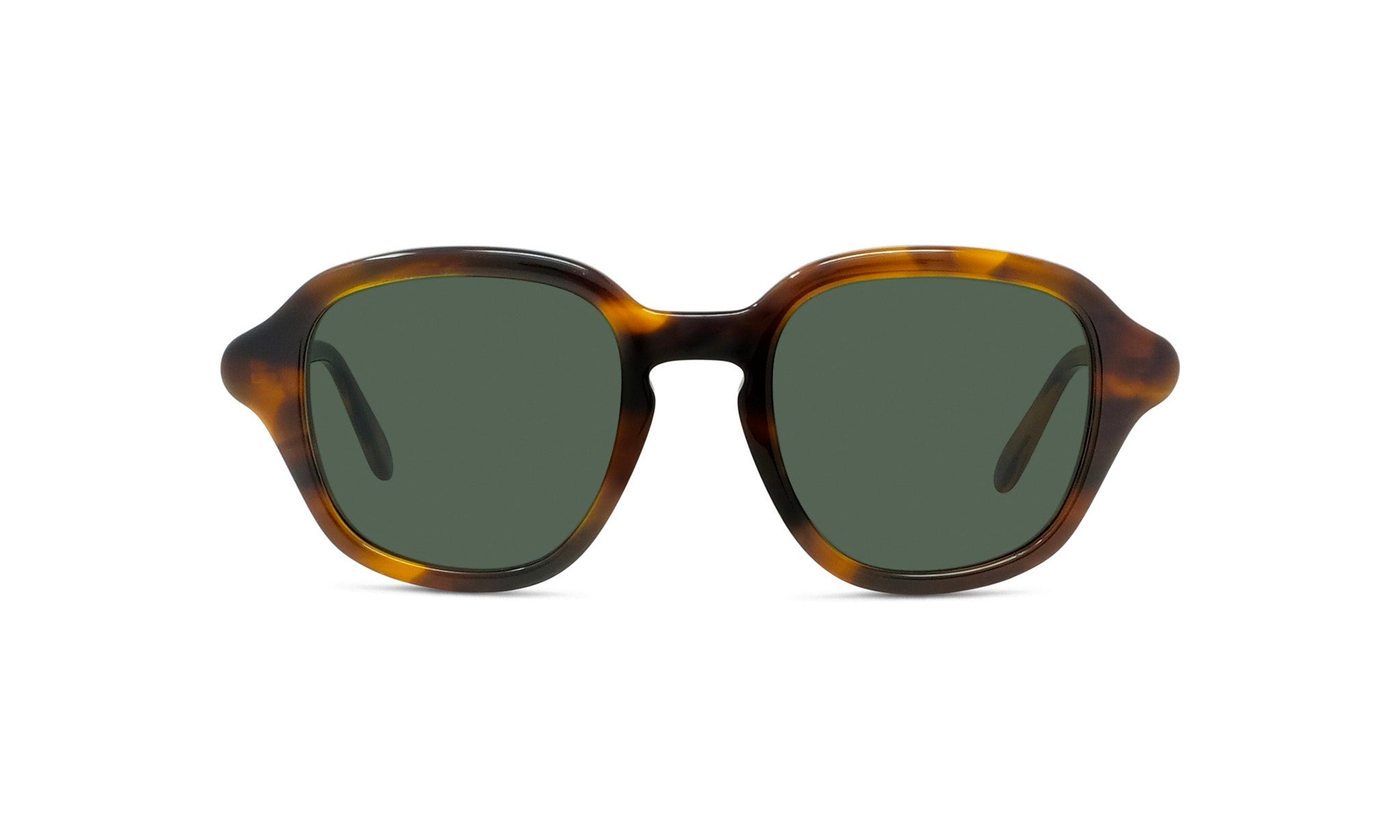 A pair of tortoiseshell sunglasses with dark green lenses.