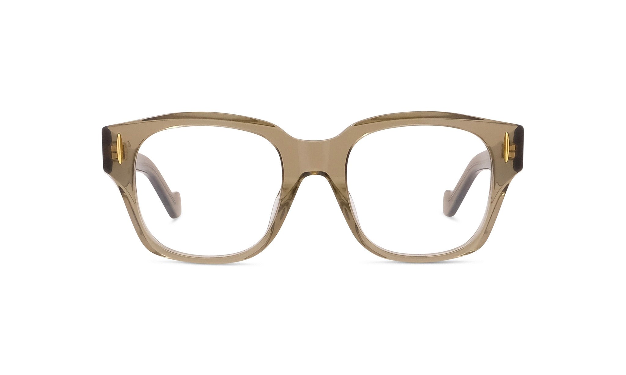 A pair of brown-tinted glasses with gold accents, displayed against a white background.