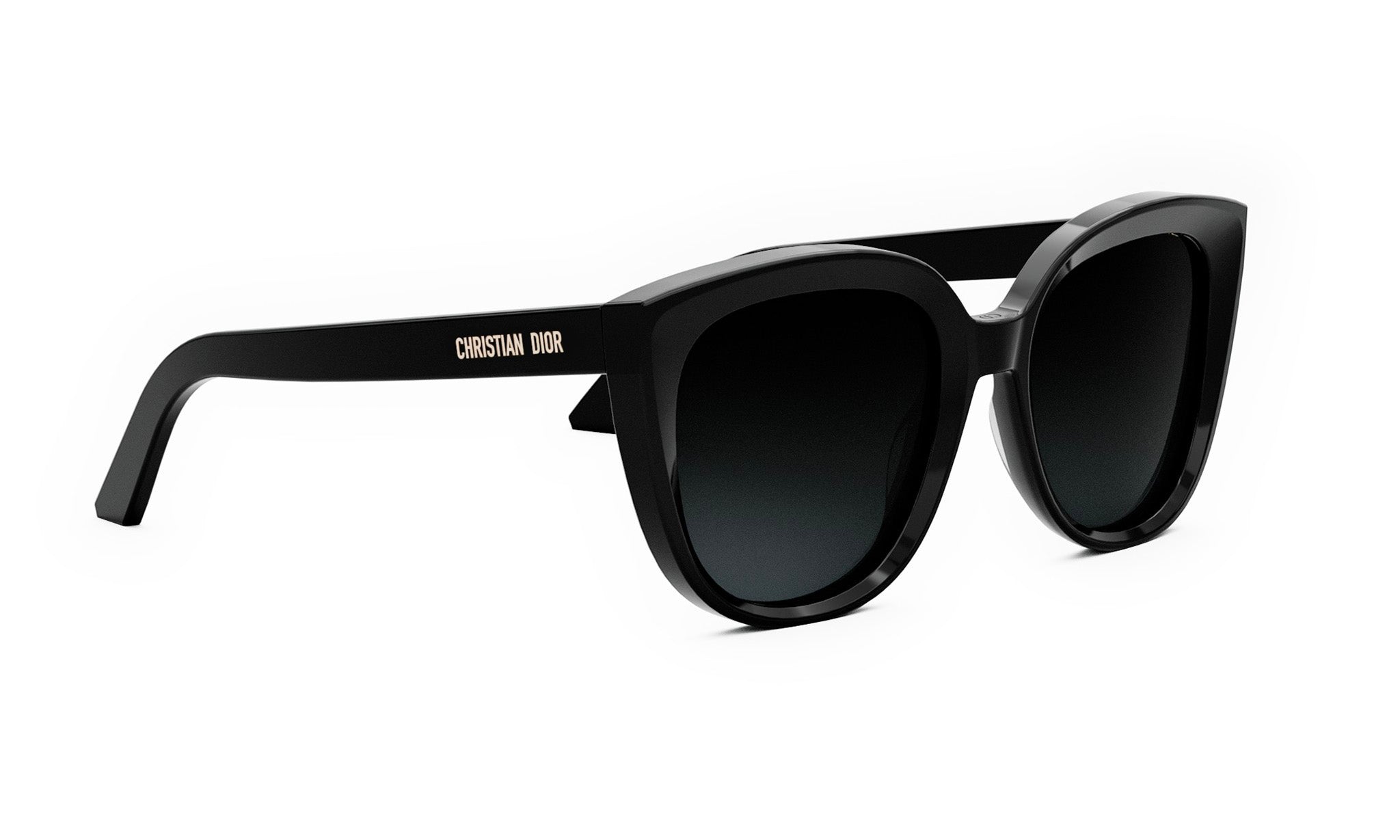 A pair of black cat-eye sunglasses with the brand name "Christian Dior" printed on the frame.
