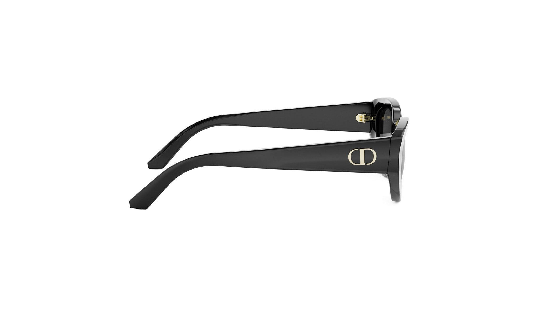 A pair of black sunglasses with a gold logo on the frame.