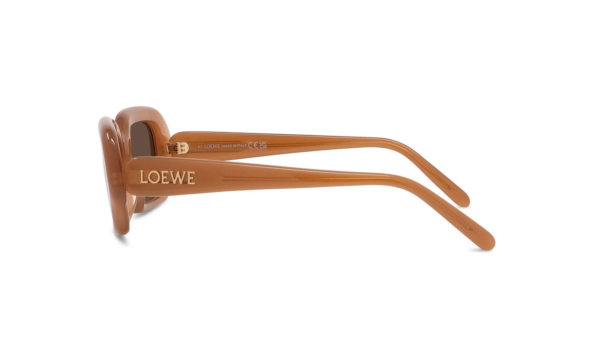 A pair of brown sunglasses with the LOEWE brand name visible on the frame.