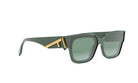 A pair of green-framed sunglasses with a gold accent on the side.