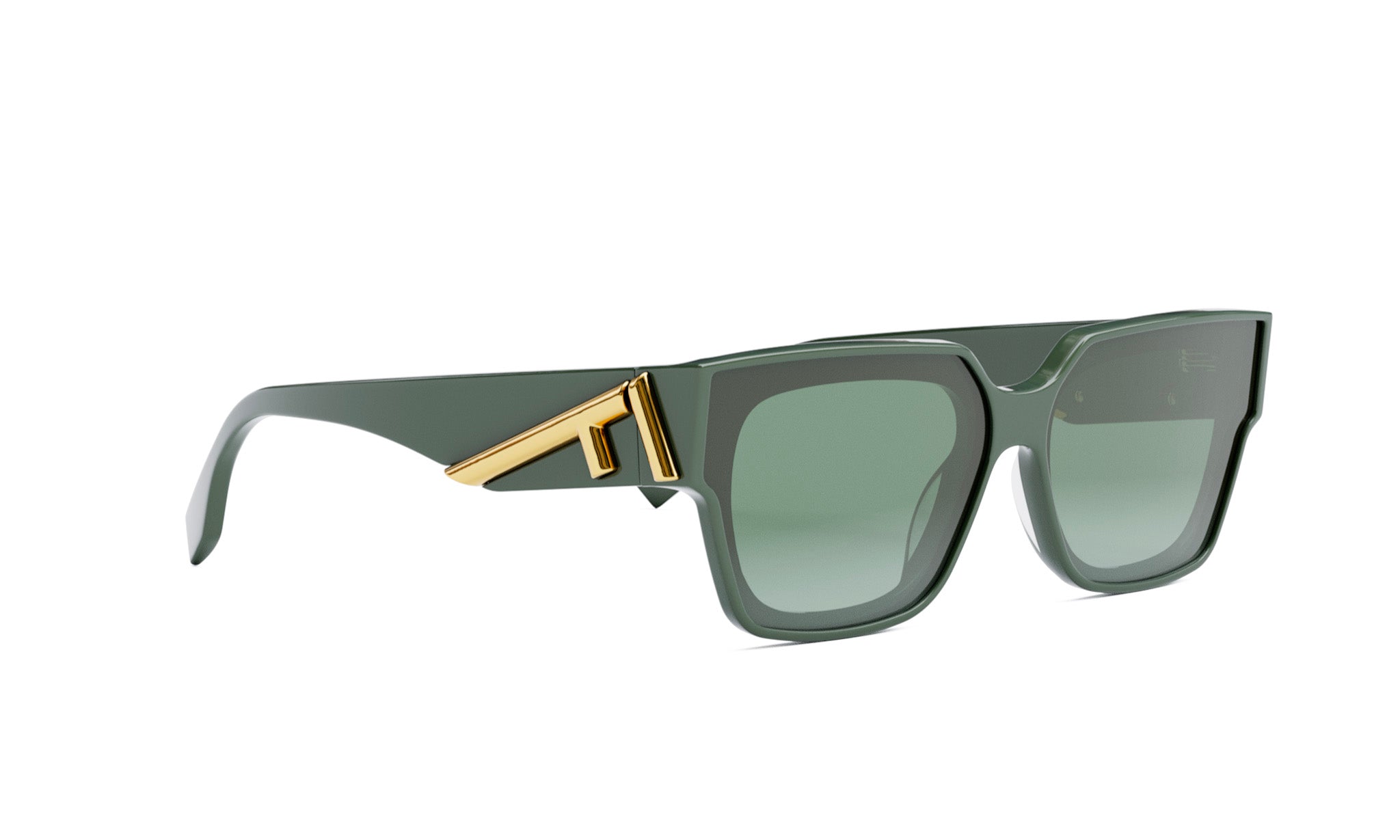 A pair of green-framed sunglasses with a gold accent on the side.