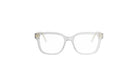 A pair of clear, white-framed glasses against a white background.