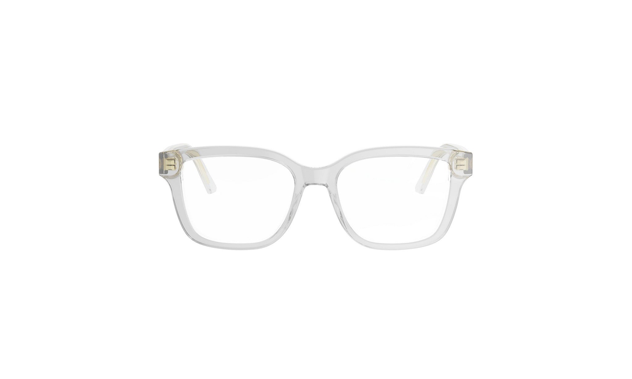 A pair of clear, white-framed glasses against a white background.