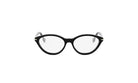 A pair of black cat-eye framed glasses against a white background.