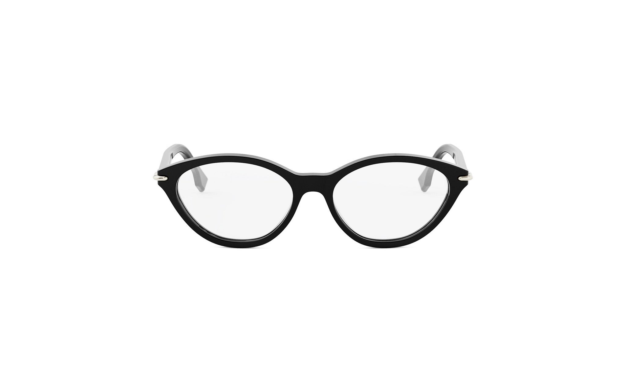 A pair of black cat-eye framed glasses against a white background.