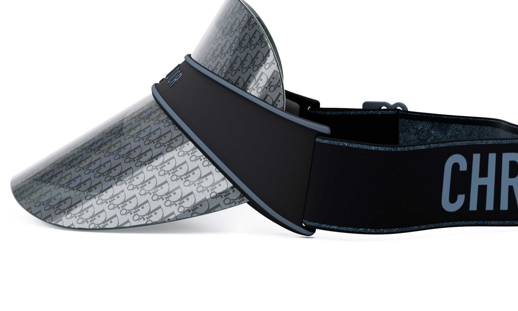 A black and gray patterned visor with the word "CHRISTIAN" printed on it.