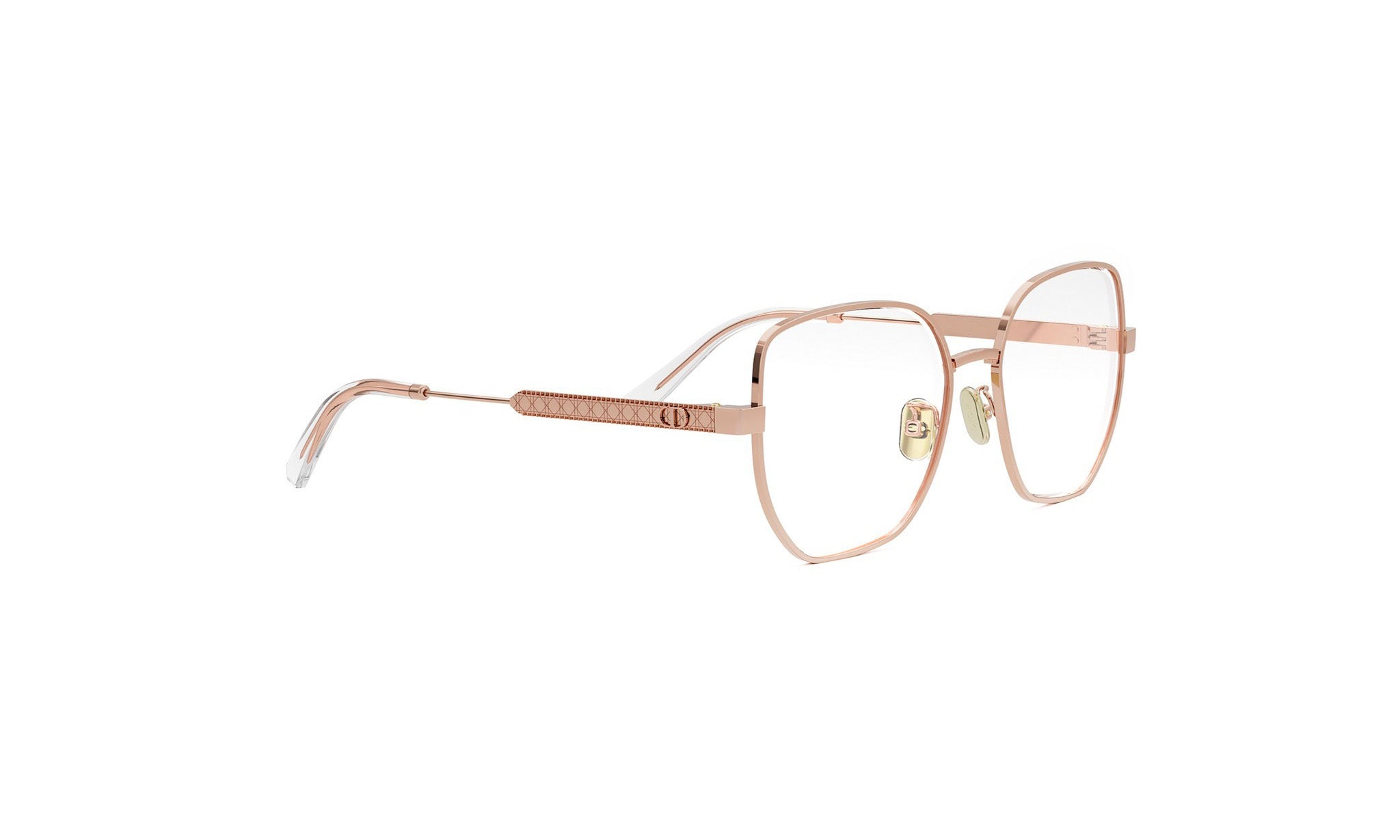 A pair of gold-colored, rectangular-framed glasses with a clear lens.