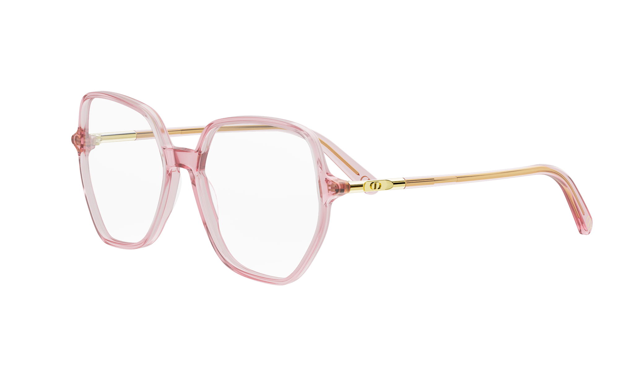 A pair of pink-framed glasses with gold accents.