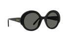 A pair of black round sunglasses with dark lenses.