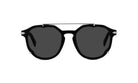 A pair of black sunglasses with a silver frame and a metal bar on top.