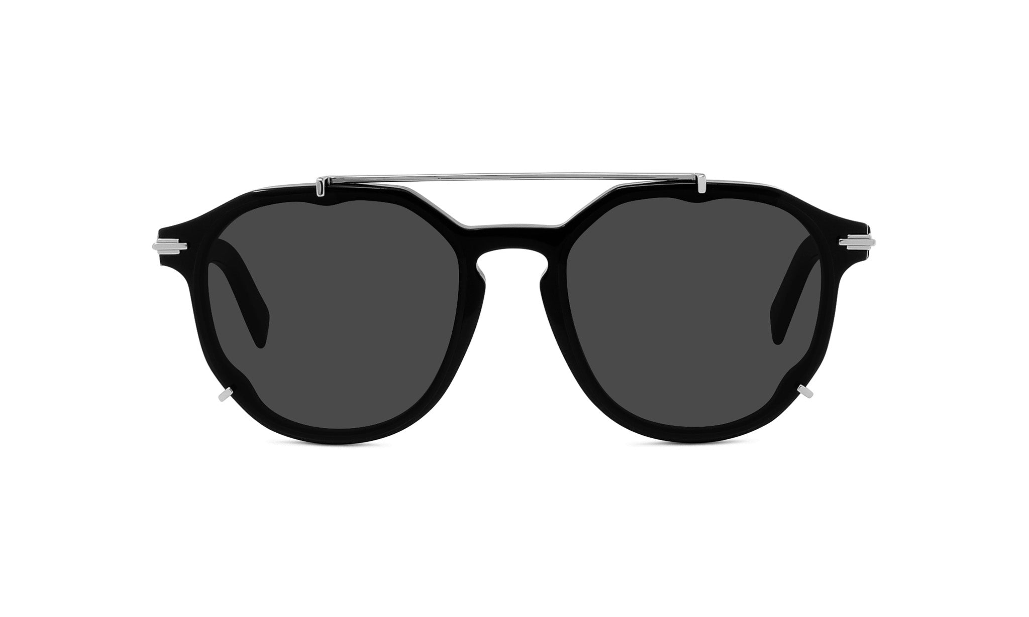 A pair of black sunglasses with a silver frame and a metal bar on top.
