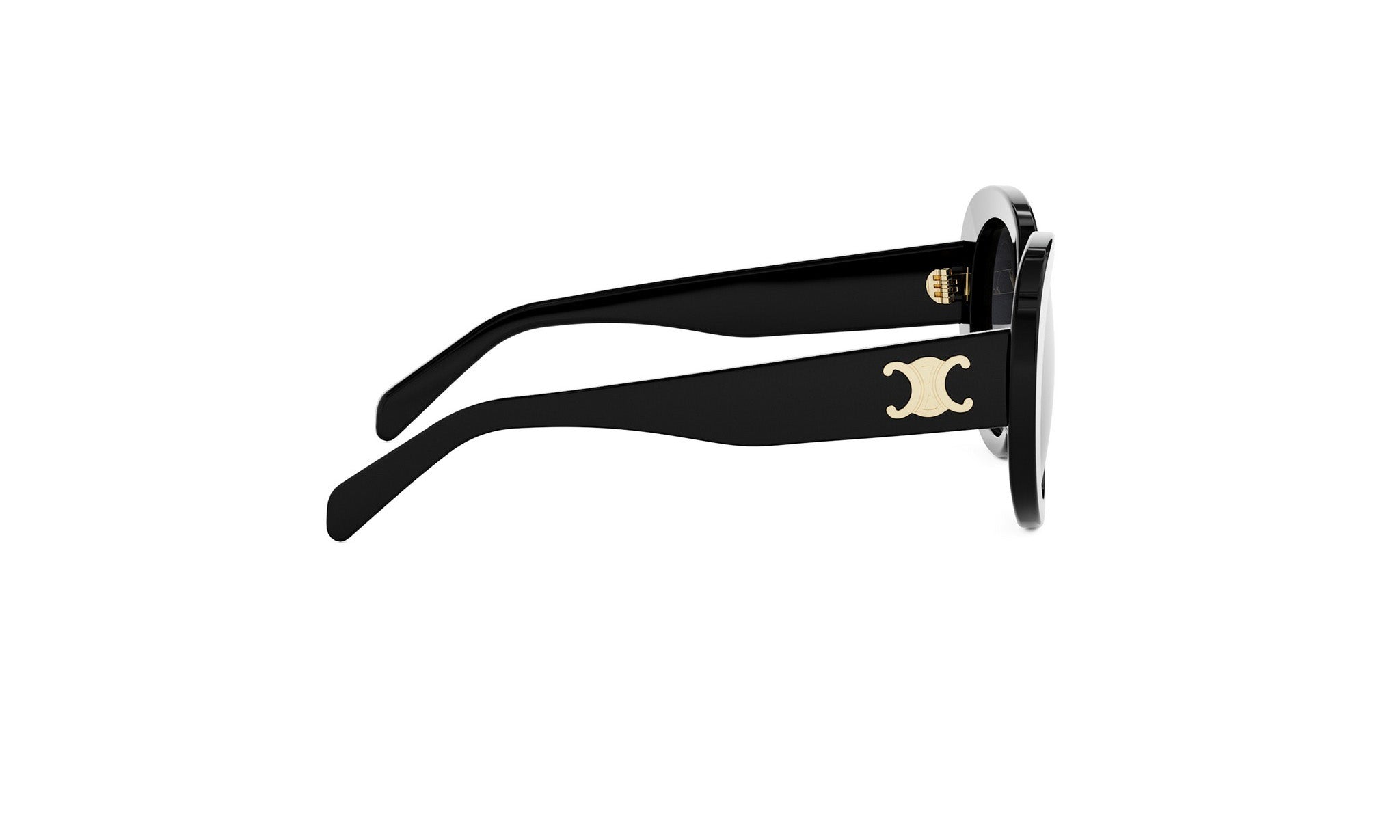 A pair of black sunglasses with a white C logo on the frame.