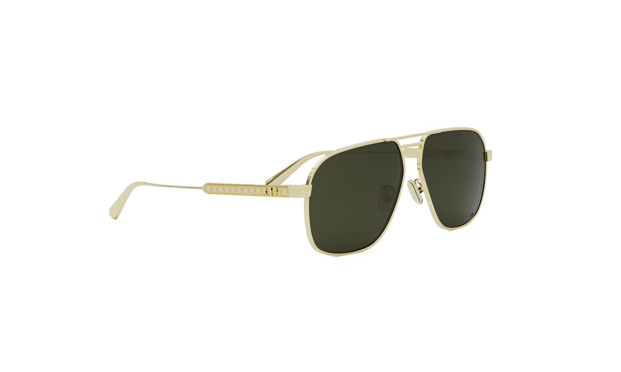 A pair of gold-colored sunglasses with dark green lenses.