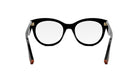 A pair of black-framed glasses with a white lens, positioned facing forward.