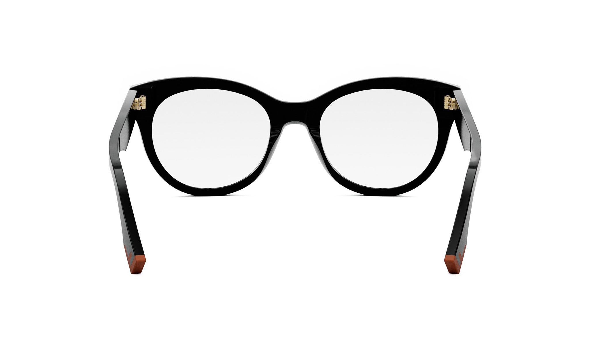 A pair of black-framed glasses with a white lens, positioned facing forward.