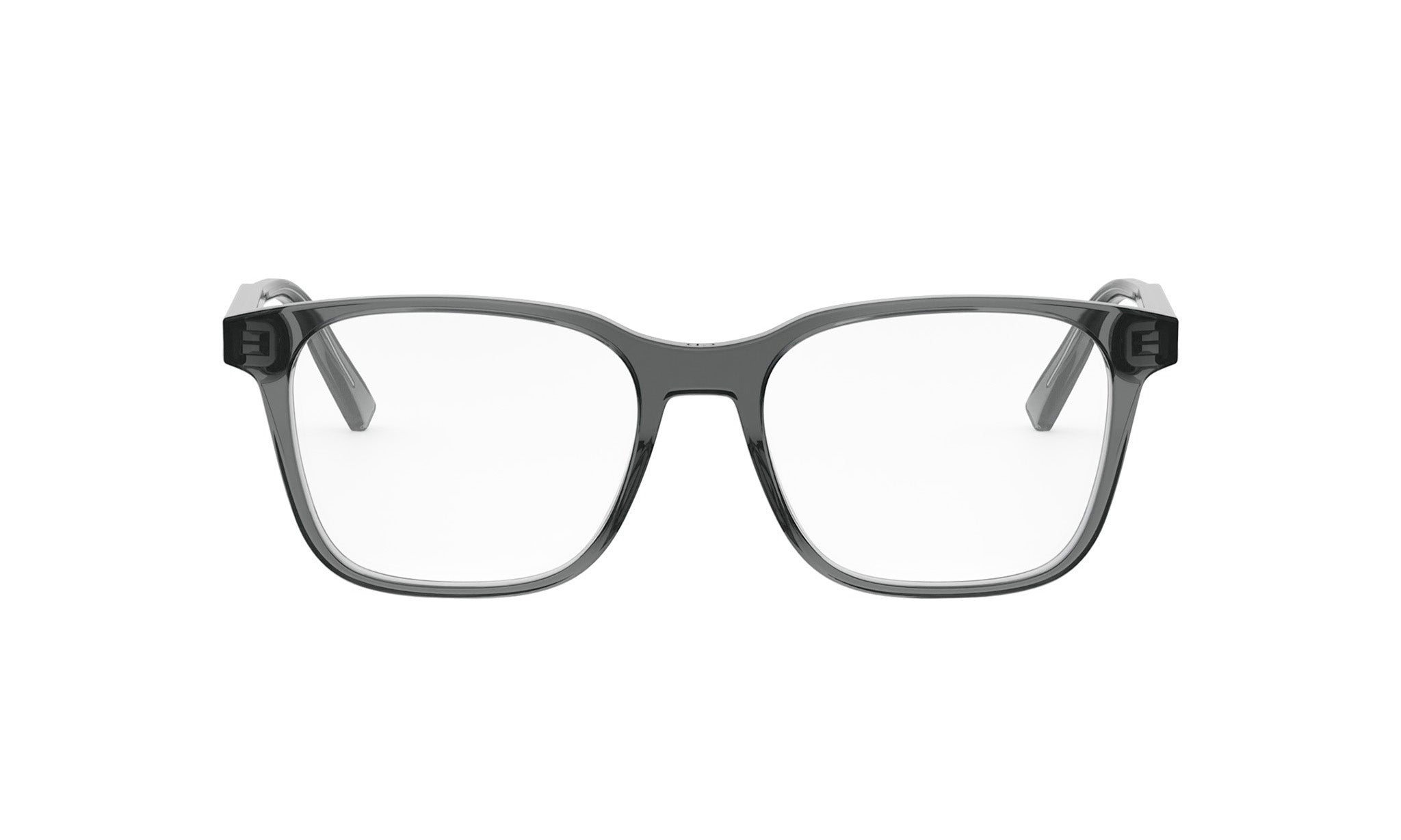 A pair of black-framed glasses with clear lenses, set against a white background.