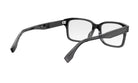 A pair of black-framed glasses with clear lenses, positioned in a way that allows the viewer to see the backside of the frame.