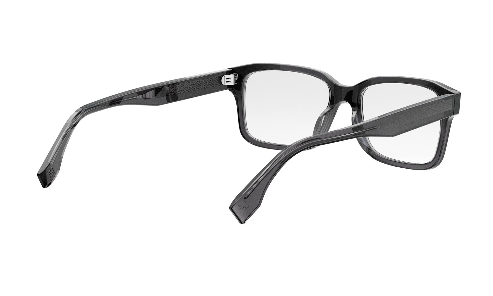 A pair of black-framed glasses with clear lenses, positioned in a way that allows the viewer to see the backside of the frame.