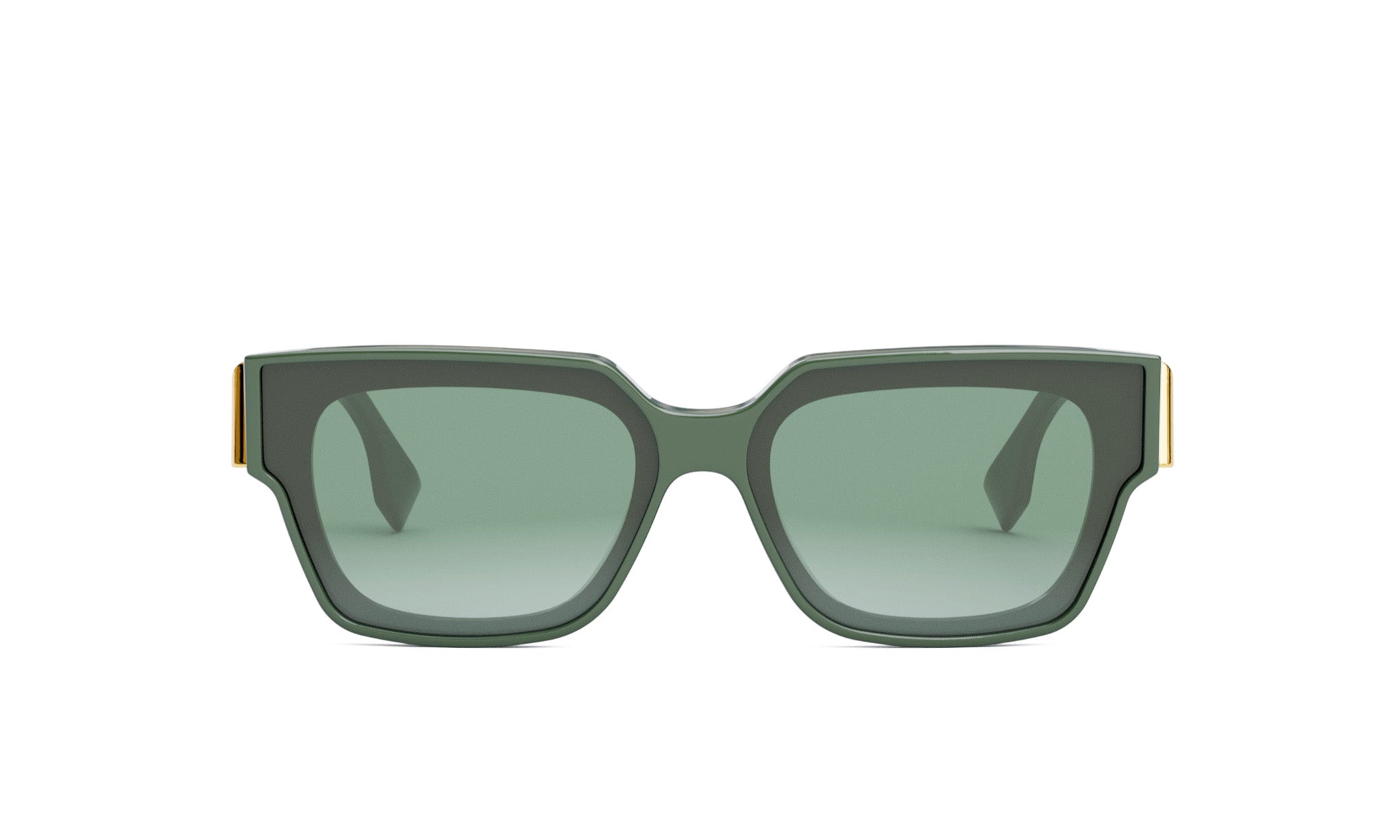A pair of dark green sunglasses with gold accents, displayed against a white background.