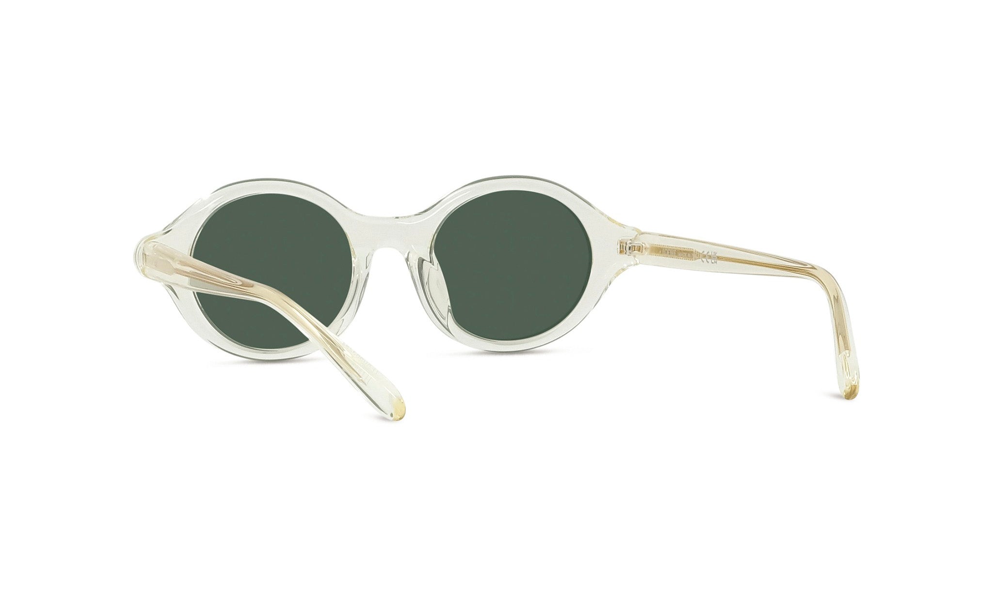A pair of clear sunglasses with green lenses.