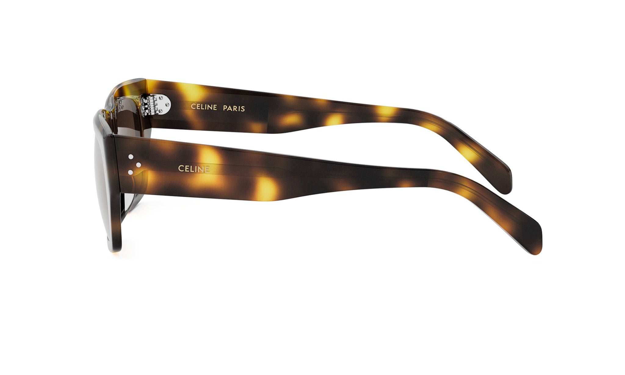 A pair of sunglasses with a tortoiseshell frame and the Celine Paris logo.