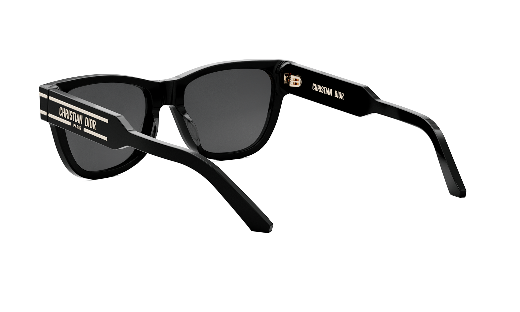 A pair of black sunglasses with gold accents and the brand name "CHRISTIAN DIOR" printed on them.