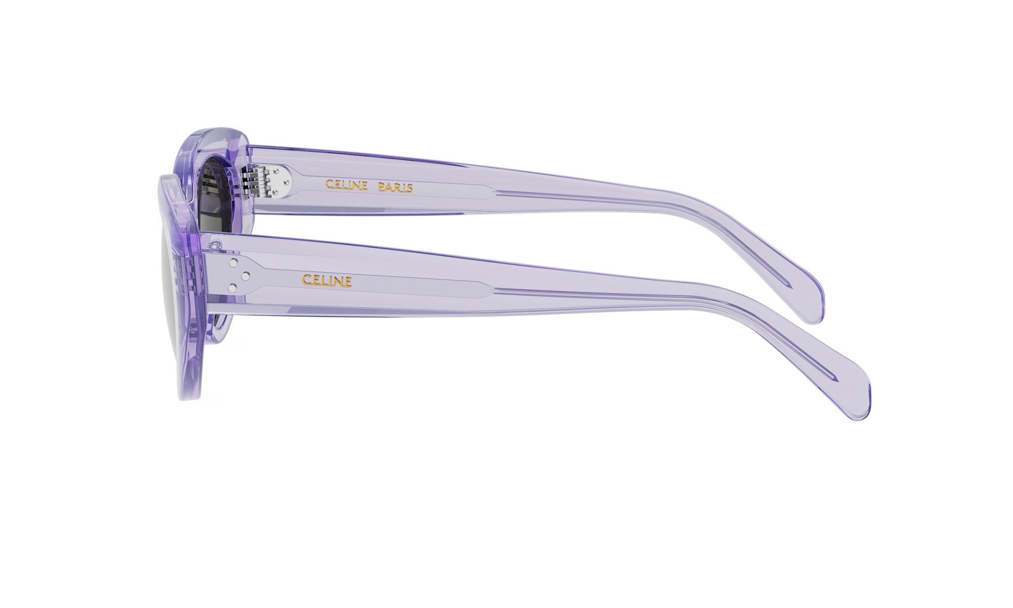 A pair of purple sunglasses with the Celine Paris logo visible.