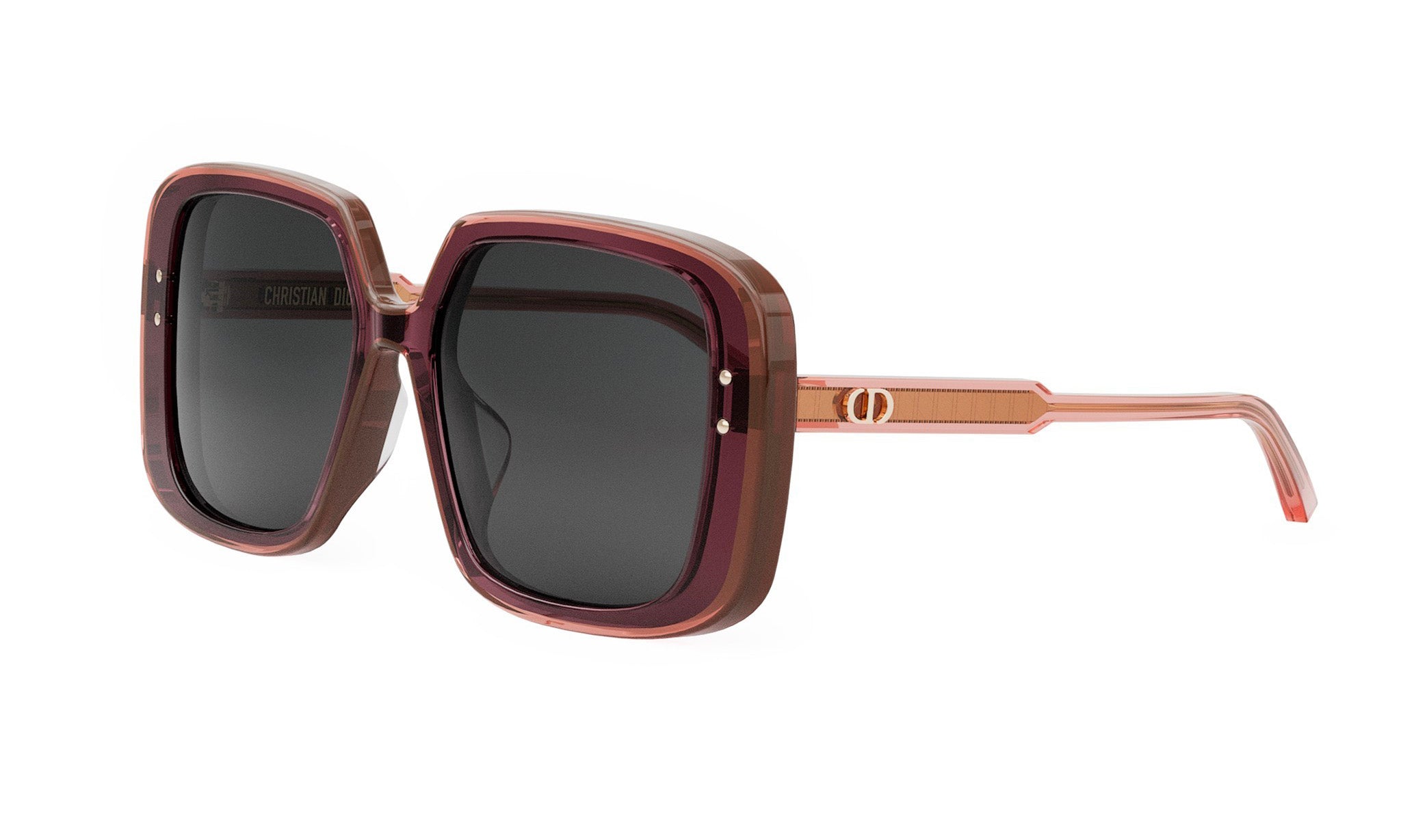 A pair of stylish sunglasses with dark lenses and a pink frame.
