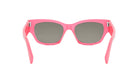 A pair of pink sunglasses with dark lenses.