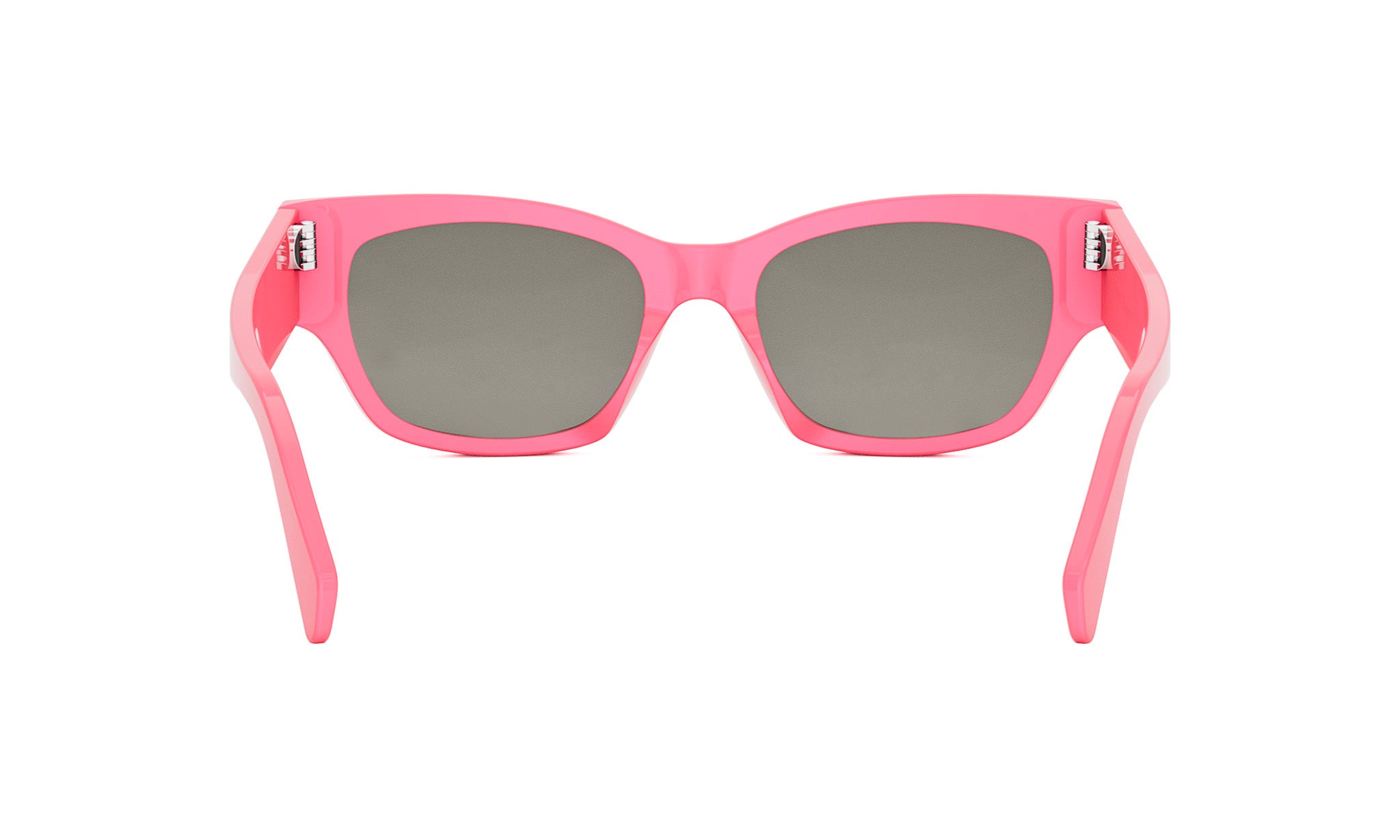 A pair of pink sunglasses with dark lenses.