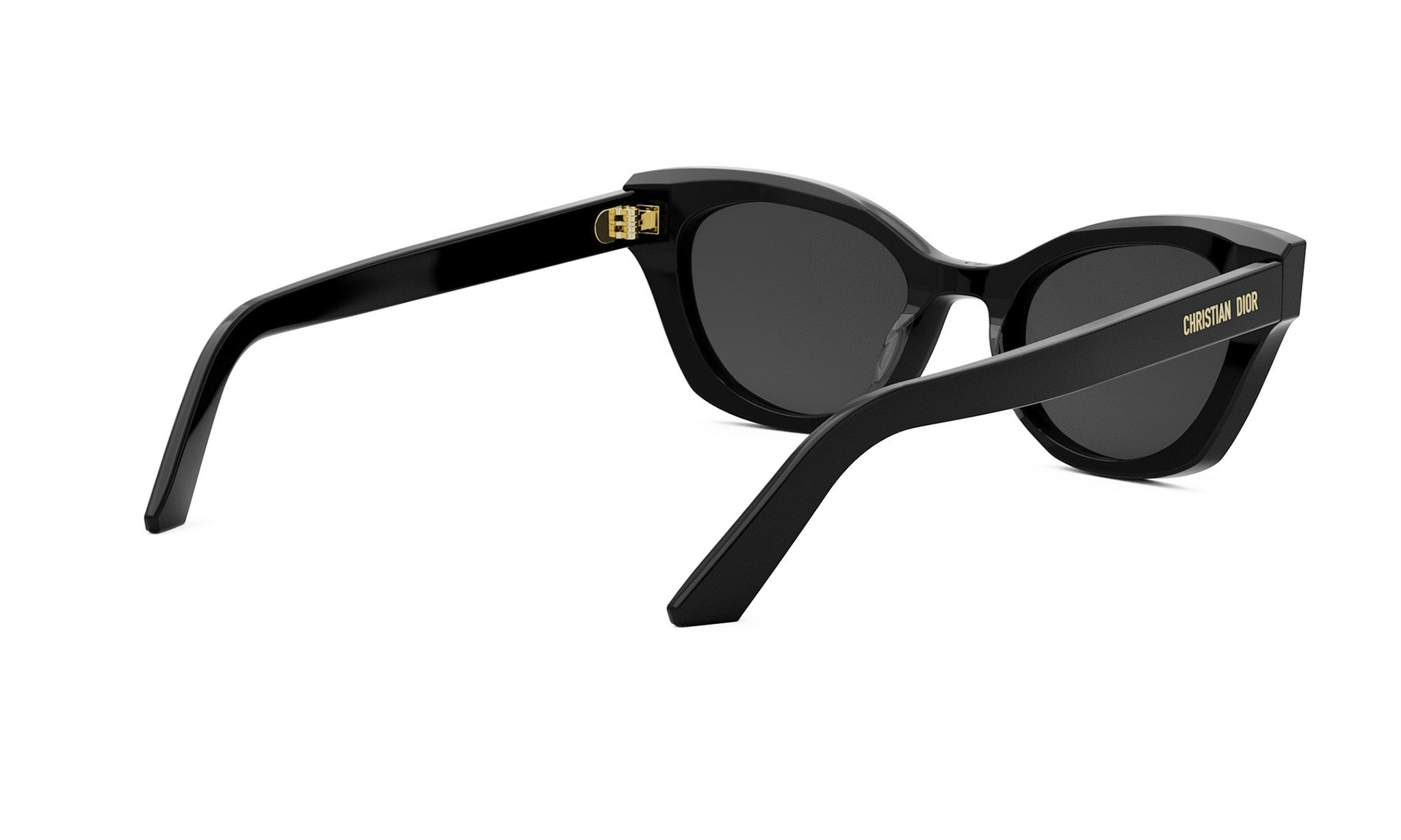 A pair of black cat-eye sunglasses with gold accents.