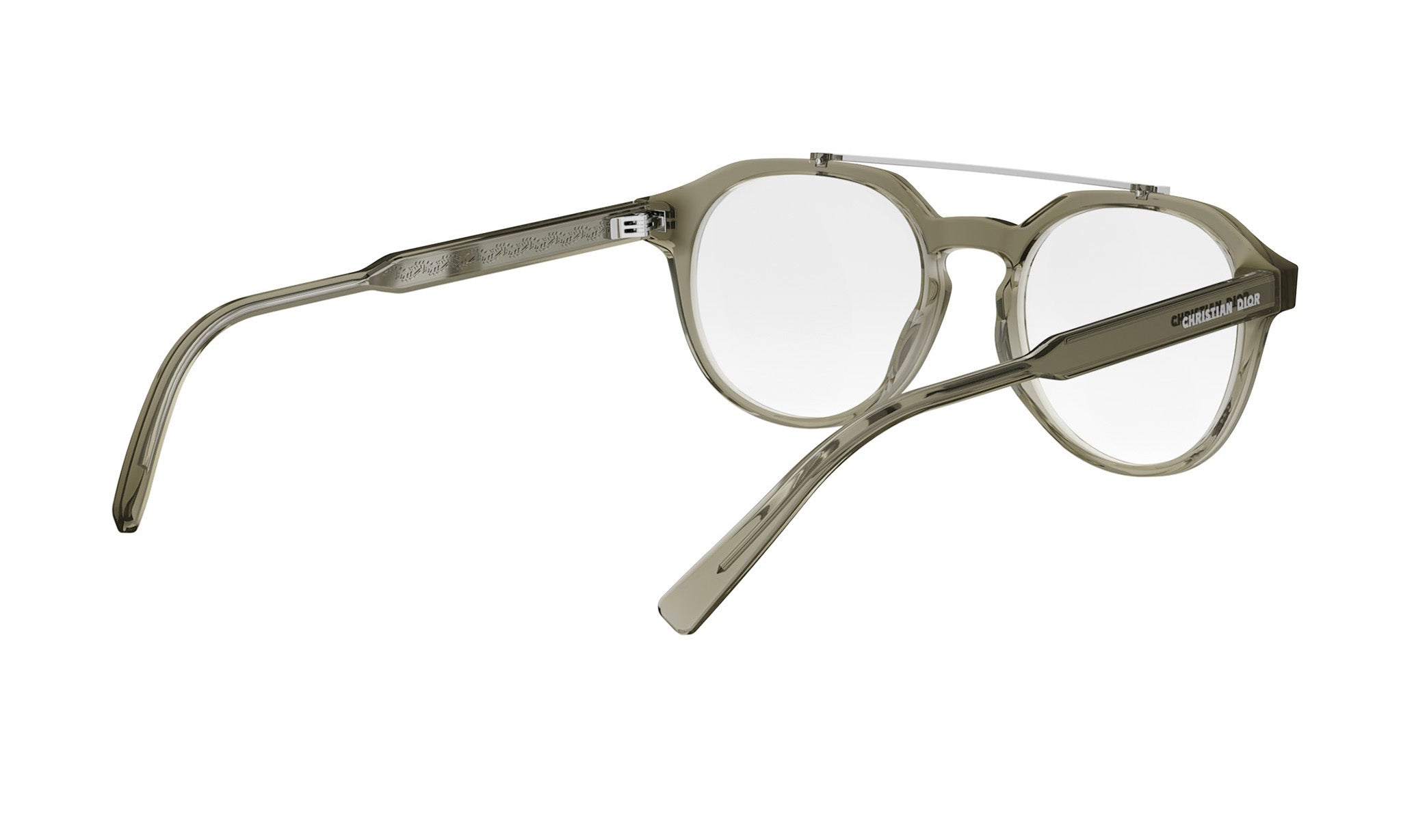 A pair of gray-framed glasses with a strap, as seen from the side.